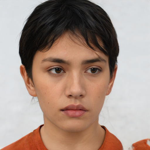 Neutral asian young-adult female with short  brown hair and brown eyes