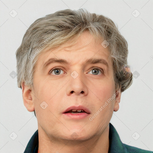 Neutral white adult male with short  brown hair and grey eyes