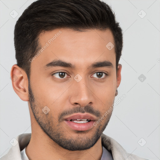 Neutral white young-adult male with short  brown hair and brown eyes