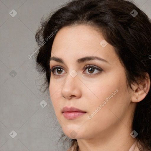 Neutral white young-adult female with medium  brown hair and brown eyes