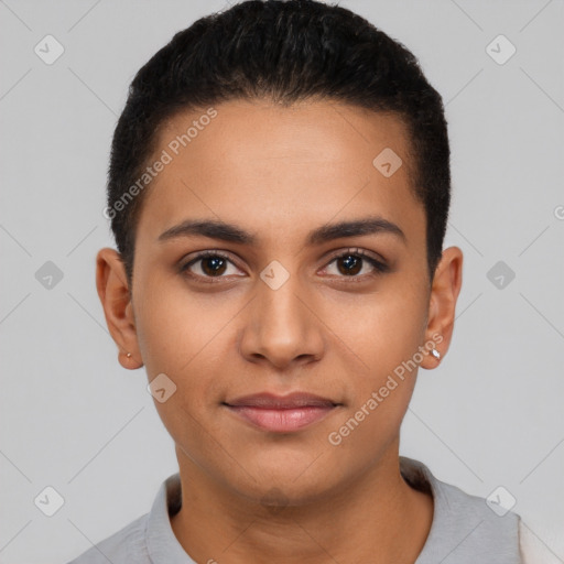 Joyful latino young-adult female with short  brown hair and brown eyes