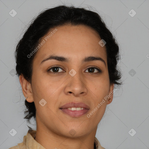 Joyful latino young-adult female with short  brown hair and brown eyes