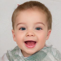 Joyful white child female with short  brown hair and blue eyes