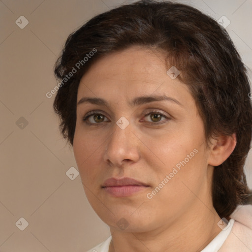 Neutral white young-adult female with medium  brown hair and brown eyes