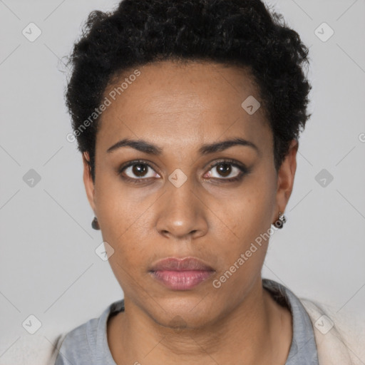 Neutral black young-adult female with short  black hair and brown eyes