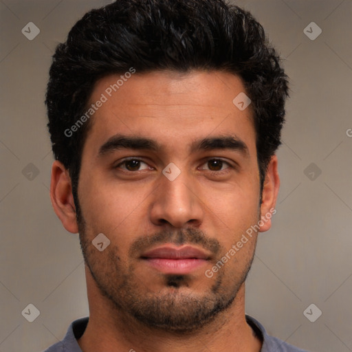 Neutral white young-adult male with short  black hair and brown eyes
