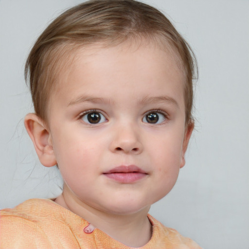 Neutral white child female with medium  brown hair and blue eyes