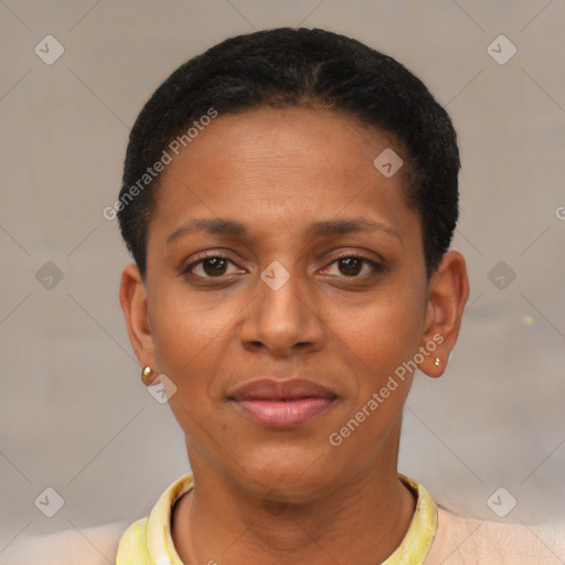 Joyful black young-adult female with short  black hair and brown eyes