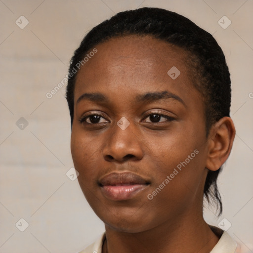 Neutral black young-adult female with short  black hair and brown eyes