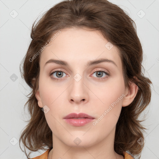 Neutral white young-adult female with medium  brown hair and grey eyes