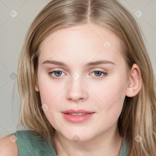 Joyful white young-adult female with long  brown hair and blue eyes