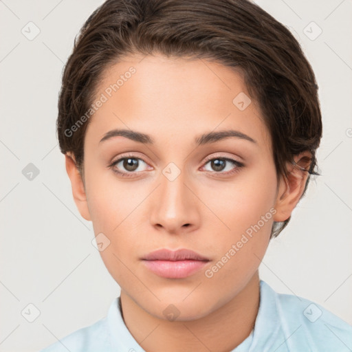 Neutral white young-adult female with short  brown hair and brown eyes