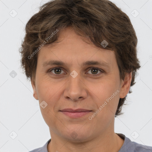 Joyful white adult female with short  brown hair and brown eyes