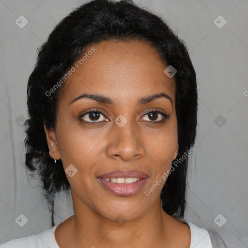 Joyful black young-adult female with medium  black hair and brown eyes