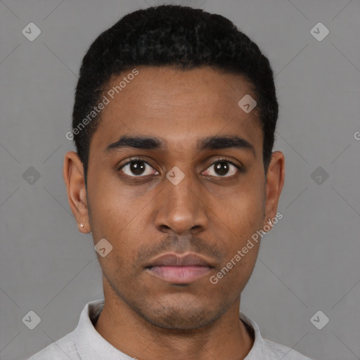 Neutral black young-adult male with short  black hair and brown eyes