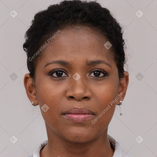 Neutral black young-adult female with short  brown hair and brown eyes