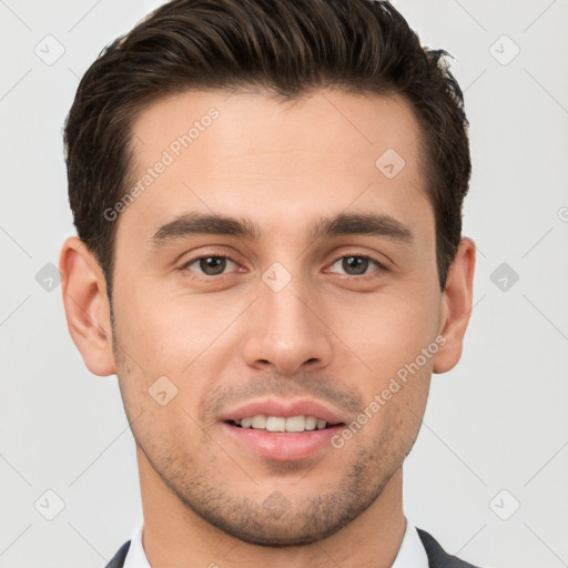 Joyful white young-adult male with short  brown hair and brown eyes