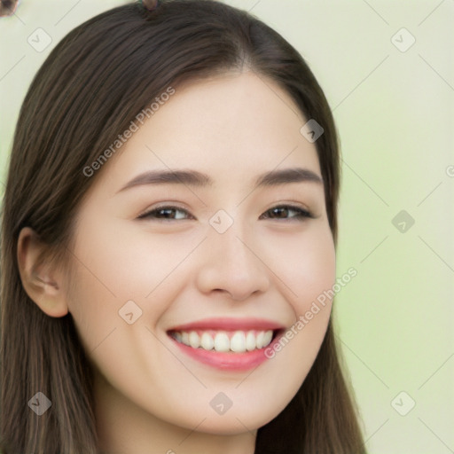 Joyful white young-adult female with long  brown hair and brown eyes