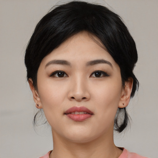 Neutral asian young-adult female with medium  black hair and brown eyes