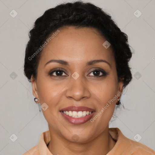 Joyful latino young-adult female with short  brown hair and brown eyes