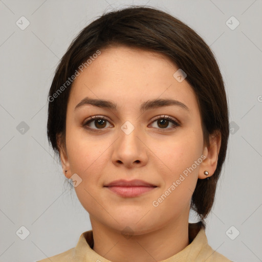 Joyful white young-adult female with medium  brown hair and brown eyes