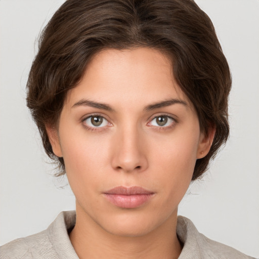 Neutral white young-adult female with short  brown hair and brown eyes