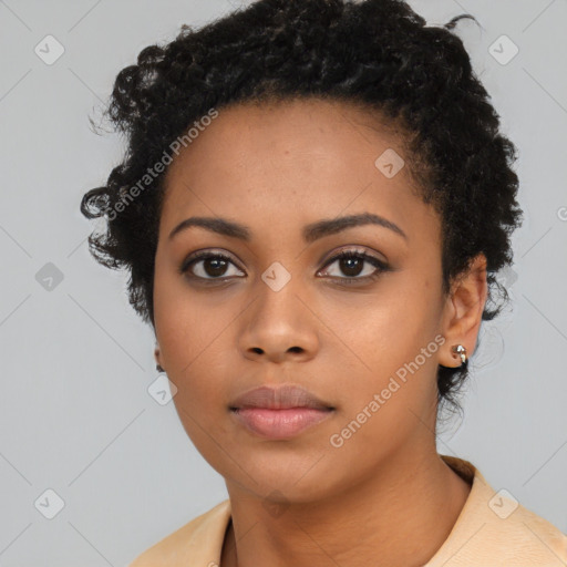 Neutral black young-adult female with short  black hair and brown eyes