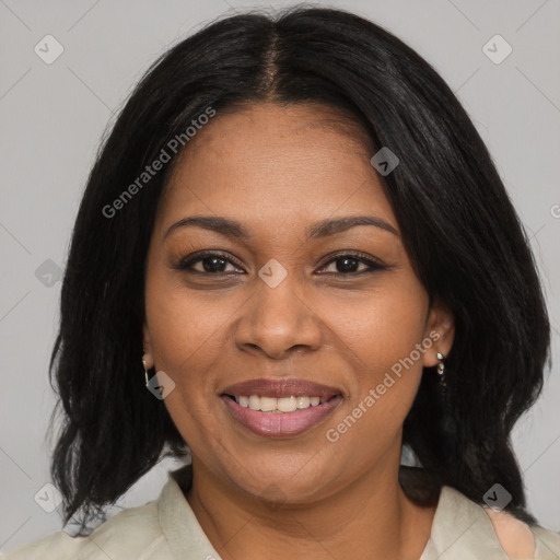 Joyful black young-adult female with medium  brown hair and brown eyes