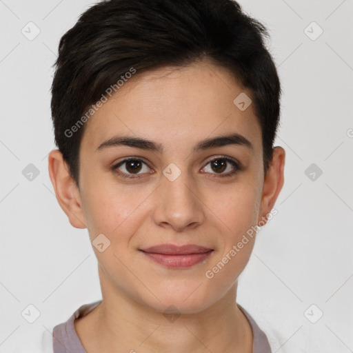 Joyful white young-adult female with short  brown hair and brown eyes