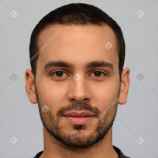 Neutral white young-adult male with short  brown hair and brown eyes