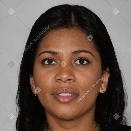 Joyful asian young-adult female with long  black hair and brown eyes