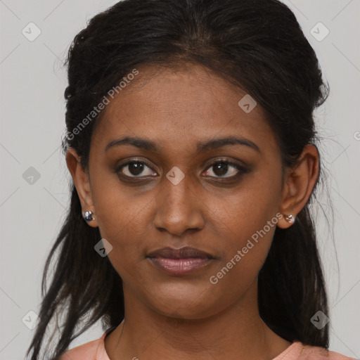 Neutral black young-adult female with medium  brown hair and brown eyes