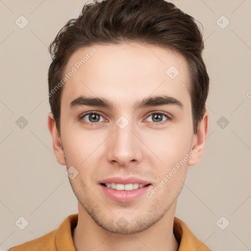 Joyful white young-adult male with short  brown hair and brown eyes