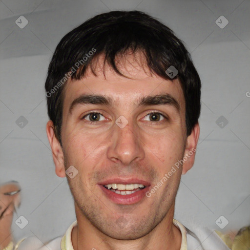 Joyful white adult male with short  brown hair and brown eyes