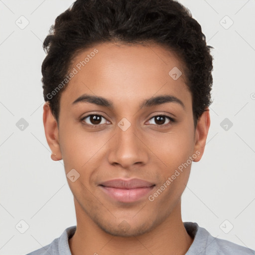 Joyful latino young-adult female with short  black hair and brown eyes