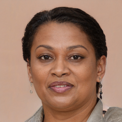 Joyful black adult female with short  brown hair and brown eyes