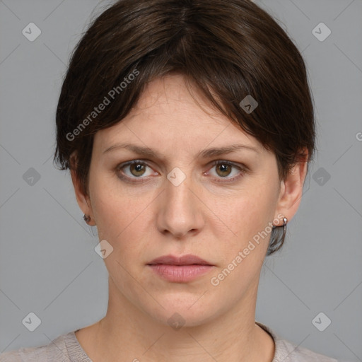 Neutral white young-adult female with medium  brown hair and grey eyes