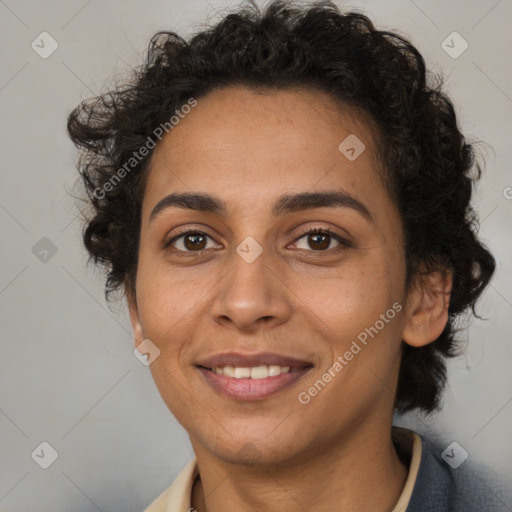 Joyful white adult female with short  brown hair and brown eyes