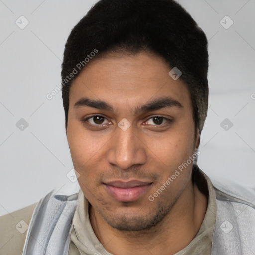 Joyful latino young-adult male with short  brown hair and brown eyes