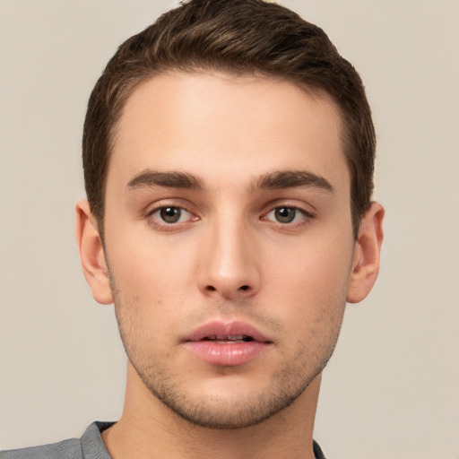 Neutral white young-adult male with short  brown hair and brown eyes