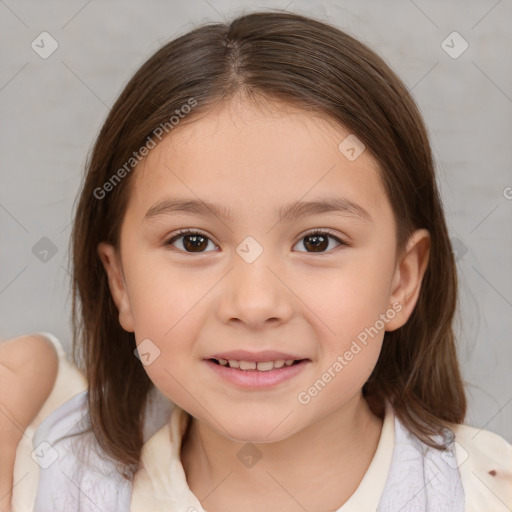 Joyful white child female with medium  brown hair and brown eyes