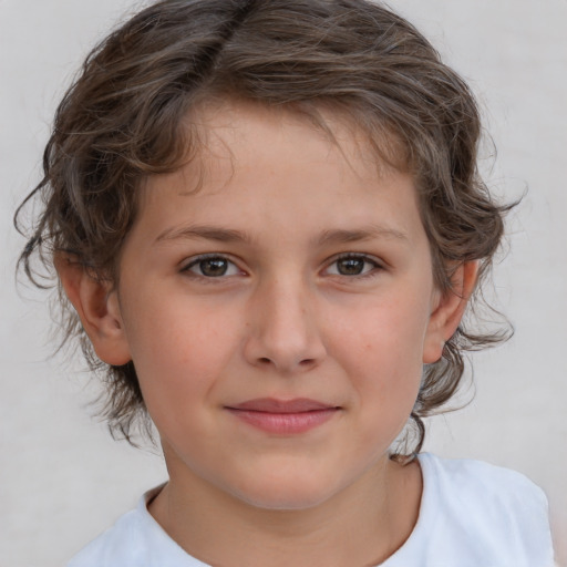 Joyful white child female with medium  brown hair and brown eyes