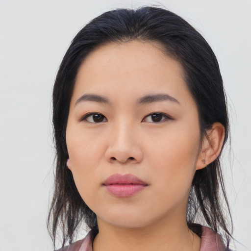 Neutral asian young-adult female with medium  black hair and brown eyes