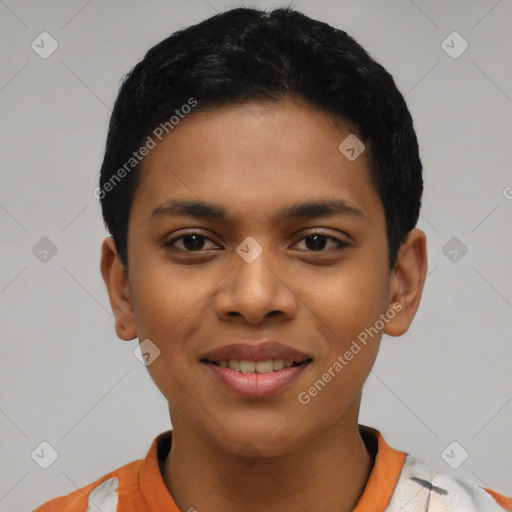 Joyful latino young-adult female with short  black hair and brown eyes