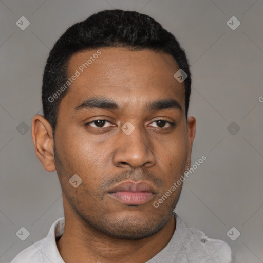 Neutral latino young-adult male with short  black hair and brown eyes