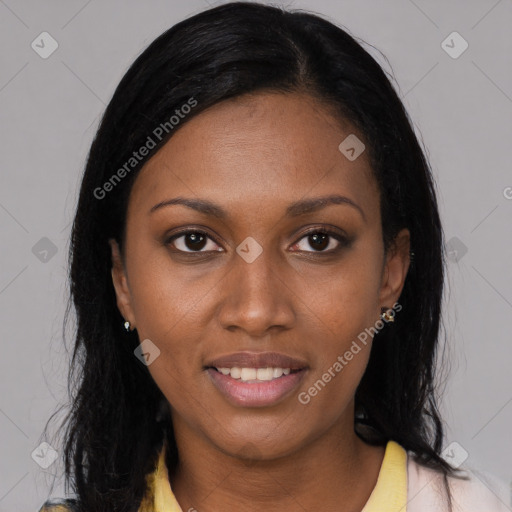 Joyful latino young-adult female with medium  black hair and brown eyes