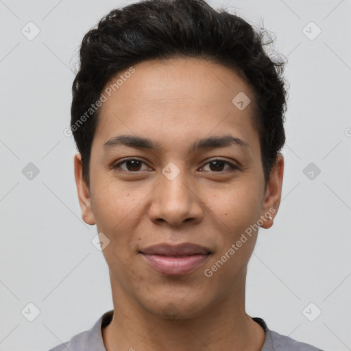 Joyful latino young-adult female with short  black hair and brown eyes