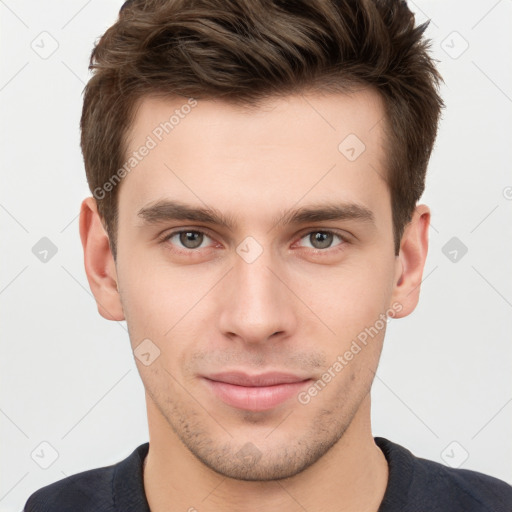 Neutral white young-adult male with short  brown hair and brown eyes