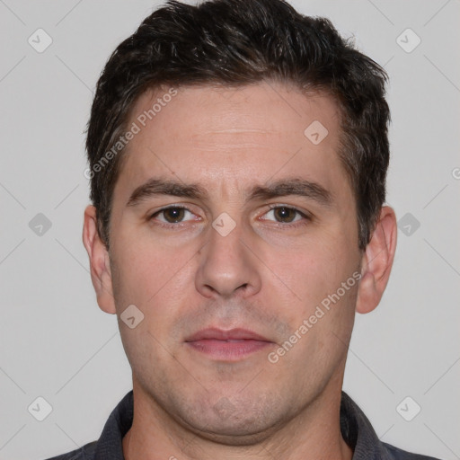 Neutral white adult male with short  brown hair and brown eyes