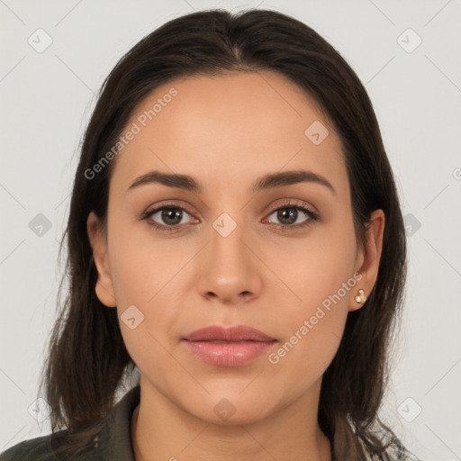 Neutral white young-adult female with medium  brown hair and brown eyes